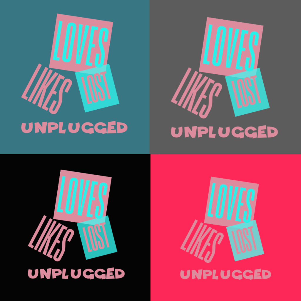Four colourful posters of the logo of Loves, Likes, Lost: Unplugged, a show being performed by Theatretrain Sutton's young performers