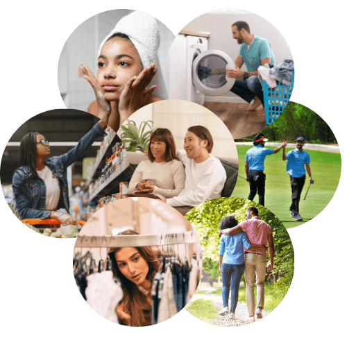 Images of people having child-free time doing different daily activities such as, laundry, walking, shopping, etc